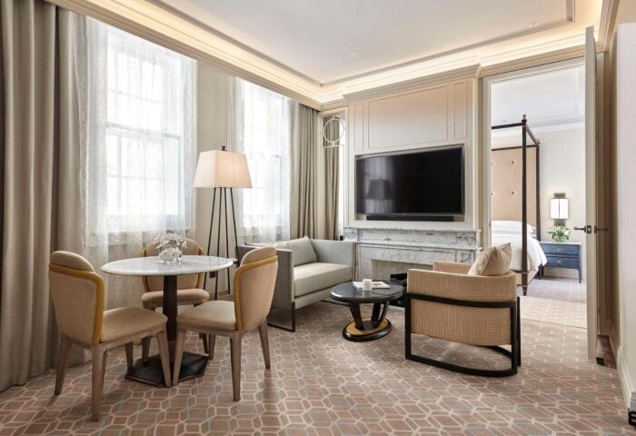 Great Scotland Yard Hotel's top-luxury suite in London Central. A gay-friendly hotel with a living room and bedroom view.
