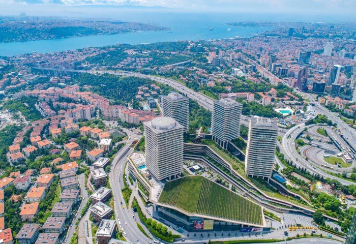 Raffles Istanbul Hotel: Top luxury gay wellness hotel. Aerial view of the hotel, river, and city. Gay travel destination on the river.