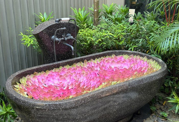 Shinta Mani Angkor Bensley Collection Pool Villas bathtub filled with pink flower petals. Top luxury gay wellness hotel near Angkor Temple.