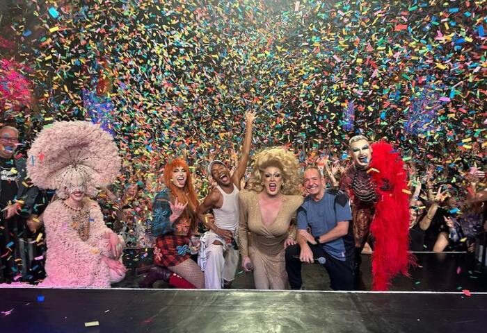 G-A-Y Late: Drag queens and performers under confetti at the top trendy gay club and bar in Soho, London. Nightlife scene.