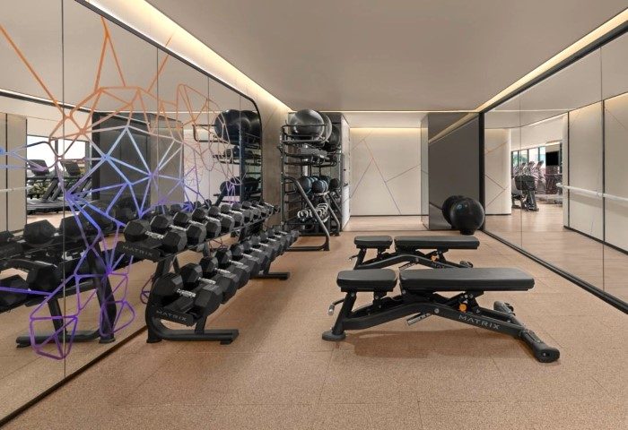 Chiang Mai Marriott Hotel gym. Dumbbells, exercise balls, and benches in the wellness center. Top gay hotel for fitness enthusiasts.