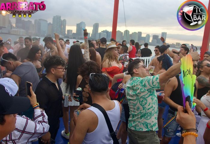 Crowd at True Colors Bar in New York City. Gay men and women party with drinks. NYC skyline visible. Gay travel destination.