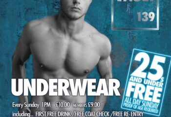 Vault 139 Gay Club London promo image. Shirtless man in underwear. Under 25s free all day Sunday. Gay nightlife travel advice.