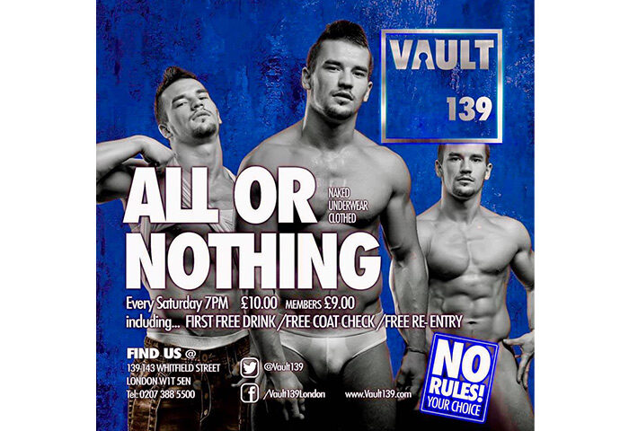Vault 139 London: Best gay cruise party. Muscular men, dark room, maze. All or Nothing event. Gay travel advice.
