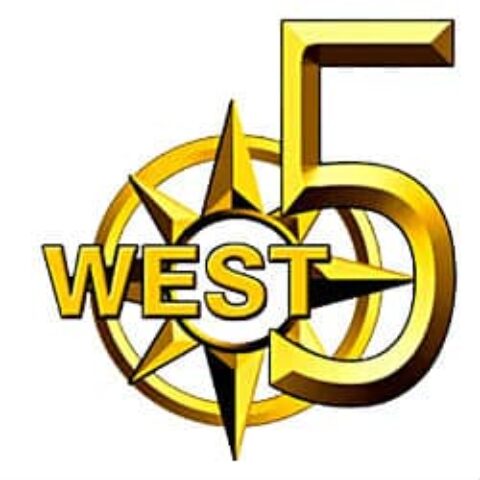 West 5 Gay Bar logo. Gold compass rose with West text and number 5. Gay travel advice for gay men.