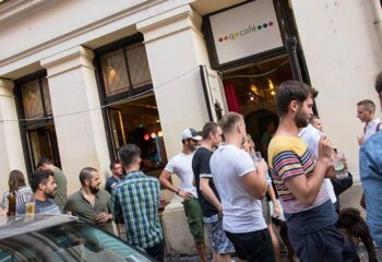 Q Cafe Prague: Gay men gather outside the Q Cafe in Prague, Czech Republic. A popular spot for gay travelers and locals.