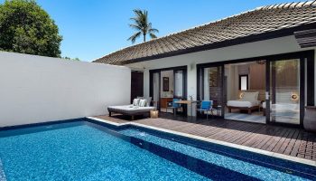 SAii Koh Samui Villa room-0021: Private pool and deck with daybed at luxury gay-friendly resort. Bedroom view from poolside. Tropical getaway.